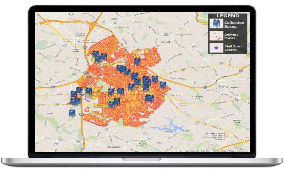 USPS Kinetica Demo - Heat Map A region showing a heat-map of delivery points with collection box icons representing mail-drop.